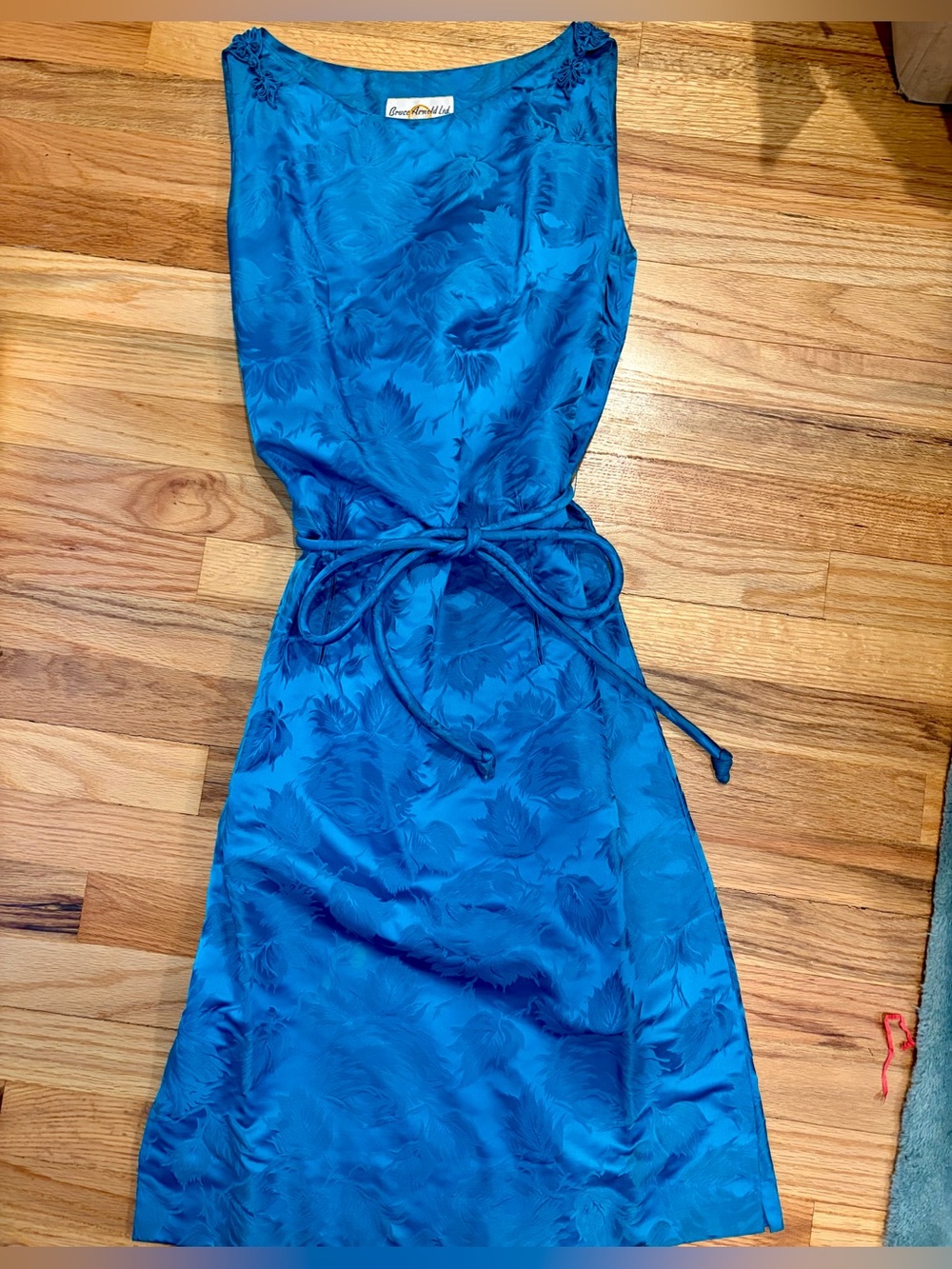 1960s Bruce Arnold Hong Kong Turquoise Jacquard Sheath Resort Dress